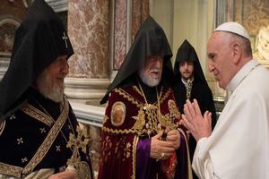 Armenian leaders Catholicos Aram I and Supreme Patriarch Karekin II with Pope Francis at the papal Mass in St. Peter's Basilica on April 12, 2015, 100 years after the Armenian genocide. Armenian leaders Catholicos Aram I and Supreme Patriarch Karekin II with Pope Francis at the papal Mass in St. Peter's Basilica on April 12, 2015, 100 years after the Armenian genocide.