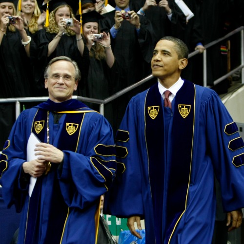 President Barack Obama arrives with Father John Jenkins, president of the University of Notre Dame, to deliver the university's commencement speech in South Bend, Ind., on May 17, 2009. President Barack Obama arrives with Father John Jenkins, president of the University of Notre Dame, to deliver the university's commencement speech in South Bend, Ind., on May 17, 2009.