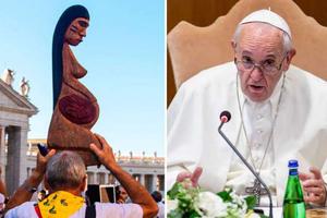 Left: Amazonian figure. Credit: ACI Prensa. Right: Pope Francis in the synod hall. Credit: Daniel Ibanez/CNA Left: Amazonian figure. Credit: ACI Prensa. Right: Pope Francis in the synod hall. Credit: Daniel Ibanez/CNA