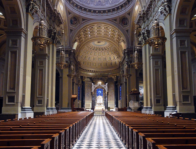 ABOVE: Interior of the Cathedral of Ss. Peter and Paul in Philadelphia. (Credit: Joseph Fernandes, CC BY-SA 3.0, via Wikimedia Commons) BELOW: (1) The final resting spot of St. Katharine Drexel; (2) Mother Drexel's habit; (3) the St. Elizabeth chapel sanctuary; (4) a walkway at the St. Elizabeth Chapel; (5) Old St. Joseph Church. (All photos by Jim Graves) ABOVE: Interior of the Cathedral of Ss. Peter and Paul in Philadelphia. (Credit: Joseph Fernandes, CC BY-SA 3.0, via Wikimedia Commons) BELOW: (1) The final resting spot of St. Katharine Drexel; (2) Mother Drexel's habit; (3) the St. Elizabeth chapel sanctuary; (4) a walkway at the St. Elizabeth Chapel; (5) Old St. Joseph Church. (All photos by Jim Graves)