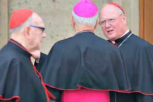 Cardinal Timothy Dolan speaks with bishops outside the Vatican’s Synod Hall. Cardinal Timothy Dolan speaks with bishops outside the Vatican’s Synod Hall.