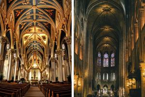 Above, l to r: Basilica of the Sacred Heart at the University of Notre Dame in South Bend, Indiana, and Notre Dame Cathedral in Paris; below, the baldacchino at the Shrine of Our Lady of Guadalupe in La Crosse, Wisconsin Above, l to r: Basilica of the Sacred Heart at the University of Notre Dame in South Bend, Indiana, and Notre Dame Cathedral in Paris; below, the baldacchino at the Shrine of Our Lady of Guadalupe in La Crosse, Wisconsin