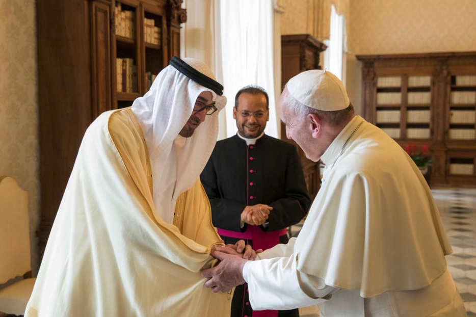 Sheikh Mohamed bin Zayed, Crown Prince of Abu Dhabi and Deputy Supreme Commander of the Armed Forces, meeting Pope Francis during a visit to the Vatican in 2016. Sheikh Mohamed bin Zayed, Crown Prince of Abu Dhabi and Deputy Supreme Commander of the Armed Forces, meeting Pope Francis during a visit to the Vatican in 2016.