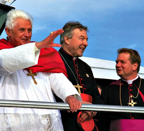 Archbishop-designate Anthony Fisher (r) and Cardinal George Pell welcome Pope Benedict to World Youth Day Sydney. Archbishop-designate Anthony Fisher (r) and Cardinal George Pell welcome Pope Benedict to World Youth Day Sydney.