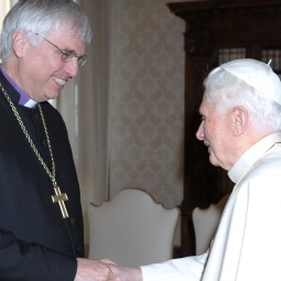 Pope Benedict XVI greets Lutheran Bishop Johannes Friedrich of Bavaria during a meeting with a delegation from the German Evangelical (Lutheran) Church at the Vatican Jan. 24. Pope Benedict XVI greets Lutheran Bishop Johannes Friedrich of Bavaria during a meeting with a delegation from the German Evangelical (Lutheran) Church at the Vatican Jan. 24.