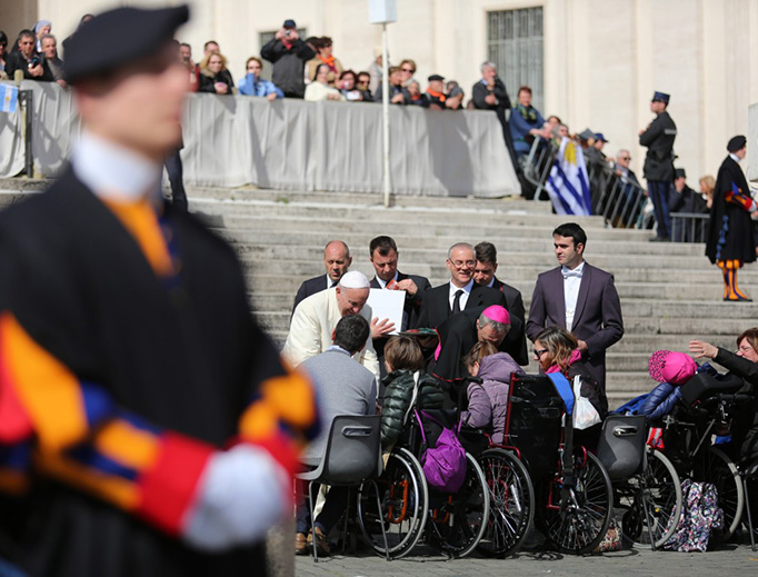 Pope Francis with the disabled in St. Peter's Square for the Jubilee Audience on March 12, 2016. Pope Francis with the disabled in St. Peter's Square for the Jubilee Audience on March 12, 2016.