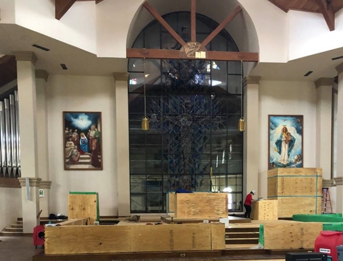 The interior of Queen of Peace Parish in Ocala, Florida during rebuilding after the church was set on fire July 11, 2020. The interior of Queen of Peace Parish in Ocala, Florida during rebuilding after the church was set on fire July 11, 2020.
