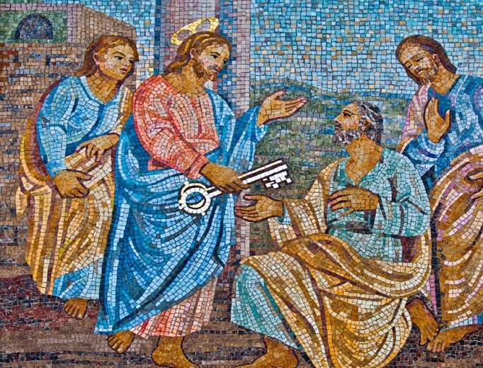 Mosaic of Christ giving the keys to St. Peter in St. Peter's Basilica. Mosaic of Christ giving the keys to St. Peter in St. Peter's Basilica.