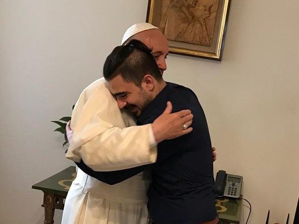Safa Al Alqoshy, also known as Safa Al Abbia, embracing Pope Francis at the Vatican. Safa Al Alqoshy, also known as Safa Al Abbia, embracing Pope Francis at the Vatican.