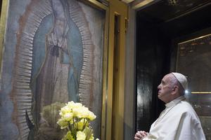 Pope prays before Our Lady of Guadalupe image on Feb. 13. Pope prays before Our Lady of Guadalupe image on Feb. 13.