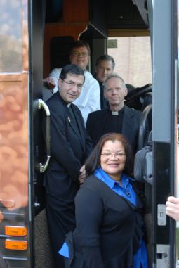 WELCOME ABOARD. Part of the Priests for Life team on the Freedom Bus. Clockwise from top right: Father Peter West, associate director; Augustinian Father Denis Wilde, associate director; Dr. Alveda King, director of African-American outreach; Father Frank Pavone, national director of Priests for Life; and Dominican Father Scott Daniels, pastoral associate. WELCOME ABOARD. Part of the Priests for Life team on the Freedom Bus. Clockwise from top right: Father Peter West, associate director; Augustinian Father Denis Wilde, associate director; Dr. Alveda King, director of African-American outreach; Father Frank Pavone, national director of Priests for Life; and Dominican Father Scott Daniels, pastoral associate.