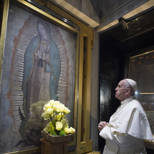 Pope prays before Our Lady of Guadalupe image on Feb. 13. Pope prays before Our Lady of Guadalupe image on Feb. 13.
