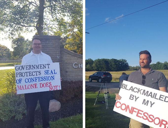Signs proclaim misconduct allegations at Christ the King Seminary and within the Diocese of Buffalo. Signs proclaim misconduct allegations at Christ the King Seminary and within the Diocese of Buffalo.