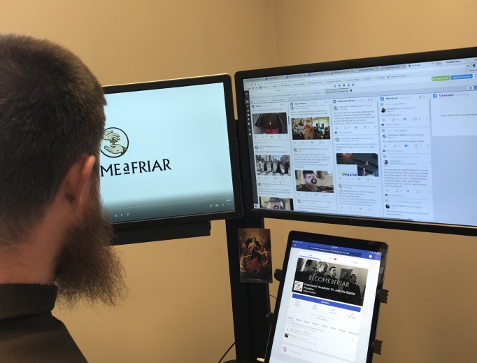 Above, Franciscan Father Richard Goodin ‘going over my social media world,’ with screens for video uploading and Twitter, Facebook and Instagram feeds. The iPad has the province’s @becomeafriar Facebook page.
Below, one of the social-media features for the Carmelite Sisters of the Most Sacred Heart of Los Angeles: a profile of a sister and the story behind her name; Father Goodin records a video of Franciscan Father Paul Walsman being interviewed by Franciscan Father Roger Lopez. ‘We were asking him to give advice to young friars, as he was 90-plus years old at the time,’ Father Goodin said; and a Dominican friar prays.
Above, Franciscan Father Richard Goodin ‘going over my social media world,’ with screens for video uploading and Twitter, Facebook and Instagram feeds. The iPad has the province’s @becomeafriar Facebook page.
Below, one of the social-media features for the Carmelite Sisters of the Most Sacred Heart of Los Angeles: a profile of a sister and the story behind her name; Father Goodin records a video of Franciscan Father Paul Walsman being interviewed by Franciscan Father Roger Lopez. ‘We were asking him to give advice to young friars, as he was 90-plus years old at the time,’ Father Goodin said; and a Dominican friar prays.
