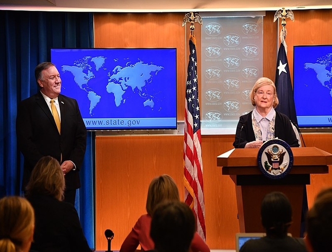 Secretary of State Mike Pompeo alongside Mary Ann Glendon of the Commission on Unalienable Rights during a press conference in July, 2019. Secretary of State Mike Pompeo alongside Mary Ann Glendon of the Commission on Unalienable Rights during a press conference in July, 2019.