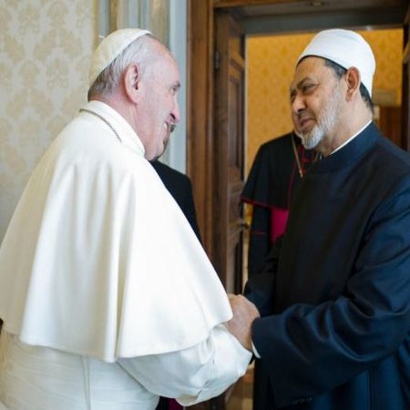 The Pope and grand imam meet on May 23 at the Vatican. The Pope and grand imam meet on May 23 at the Vatican.