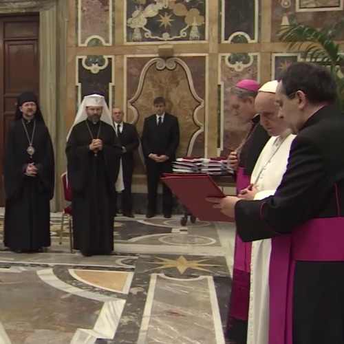 Pope Francis addresses the bishops of Ukraine Feb. 20 during their ad limina visit to the Vatican. Pope Francis addresses the bishops of Ukraine Feb. 20 during their ad limina visit to the Vatican.