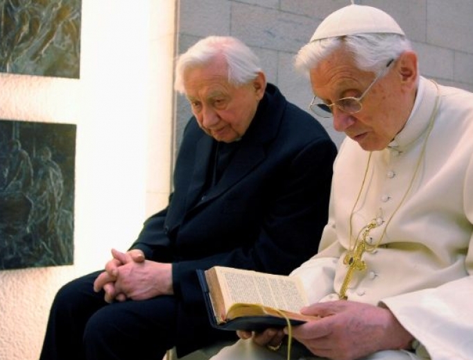 Pope Benedict XVI prays with his brother, Msgr. Georg Ratzinger, in his private chapel at the Vatican. Pope Benedict XVI prays with his brother, Msgr. Georg Ratzinger, in his private chapel at the Vatican.