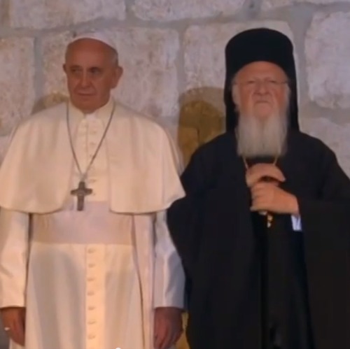 Pope Francis and Ecumenical Patriarch Bartholomew I stand together at the beginning of the May 25 ecumenical celebration at the Church of the Holy Sepulchre. Pope Francis and Ecumenical Patriarch Bartholomew I stand together at the beginning of the May 25 ecumenical celebration at the Church of the Holy Sepulchre.
