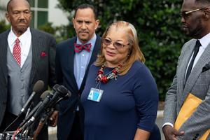 Alveda King, niece of Martin Luther King Jr., shown speaking following a meeting with U.S. President Donald Trump and other faith-based inner-city leaders at the White House in Washington on July 29, 2019, said, ‘Let’s love one another’ in the aftermath of the killing of George Floyd. Alveda King, niece of Martin Luther King Jr., shown speaking following a meeting with U.S. President Donald Trump and other faith-based inner-city leaders at the White House in Washington on July 29, 2019, said, ‘Let’s love one another’ in the aftermath of the killing of George Floyd.