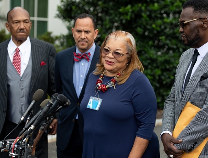 Alveda King, niece of Martin Luther King Jr., shown speaking following a meeting with U.S. President Donald Trump and other faith-based inner-city leaders at the White House in Washington on July 29, 2019, said, ‘Let’s love one another’ in the aftermath of the killing of George Floyd. Alveda King, niece of Martin Luther King Jr., shown speaking following a meeting with U.S. President Donald Trump and other faith-based inner-city leaders at the White House in Washington on July 29, 2019, said, ‘Let’s love one another’ in the aftermath of the killing of George Floyd.