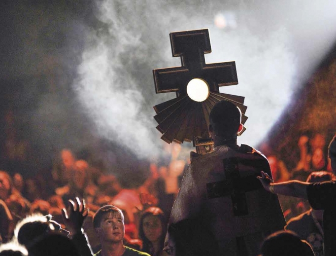 The Eucharist during a procession at Franciscan University of Steubenville. The Eucharist during a procession at Franciscan University of Steubenville.