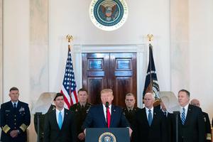 President Donald Trump speaks about the situation with Iran in the Grand Foyer of the White House in Washington, D.C., Jan. 8, 2020. President Donald Trump speaks about the situation with Iran in the Grand Foyer of the White House in Washington, D.C., Jan. 8, 2020.