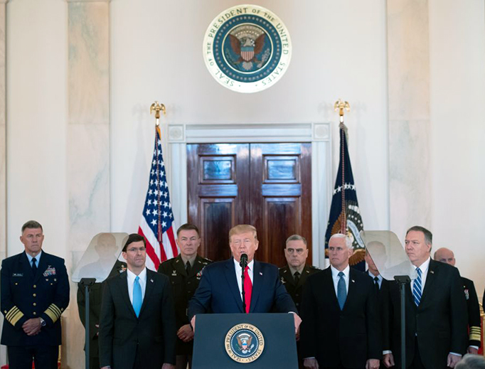 President Donald Trump speaks about the situation with Iran in the Grand Foyer of the White House in Washington, D.C., Jan. 8, 2020. President Donald Trump speaks about the situation with Iran in the Grand Foyer of the White House in Washington, D.C., Jan. 8, 2020.
