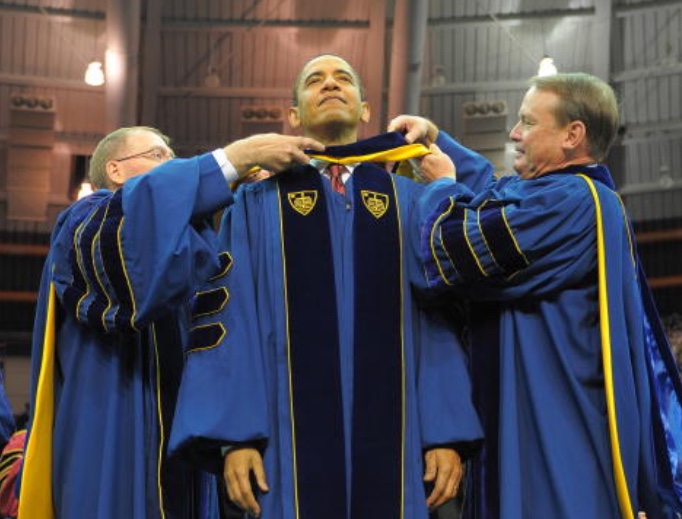President Barack Obama receives an honorary doctor of laws degree May 17, 2009, during the commencement ceremony at the University of Notre Dame in South Bend, Indiana. President Barack Obama receives an honorary doctor of laws degree May 17, 2009, during the commencement ceremony at the University of Notre Dame in South Bend, Indiana.
