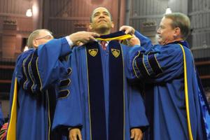 President Barack Obama receives an honorary doctor of laws degree May 17, 2009, during the commencement ceremony at the University of Notre Dame in South Bend, Indiana. President Barack Obama receives an honorary doctor of laws degree May 17, 2009, during the commencement ceremony at the University of Notre Dame in South Bend, Indiana.