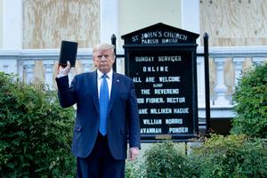 President Donald Trump holds a Bible while visiting St. John's Episcopal Church across from the White House on June 1, 2020, in Washington, DC. President Donald Trump holds a Bible while visiting St. John's Episcopal Church across from the White House on June 1, 2020, in Washington, DC.