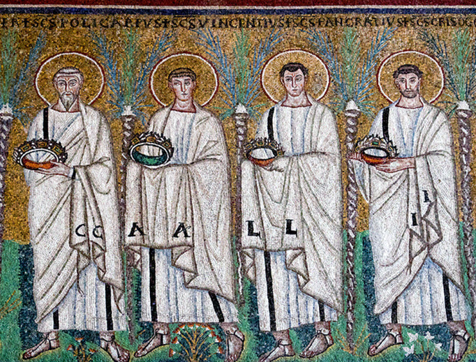 Polycarp, Vincent of Saragossa, Pancras of Rome, and Saint Chrysogonus at Sant'Apollinare Nuovo in Ravenna. Polycarp, Vincent of Saragossa, Pancras of Rome, and Saint Chrysogonus at Sant'Apollinare Nuovo in Ravenna.