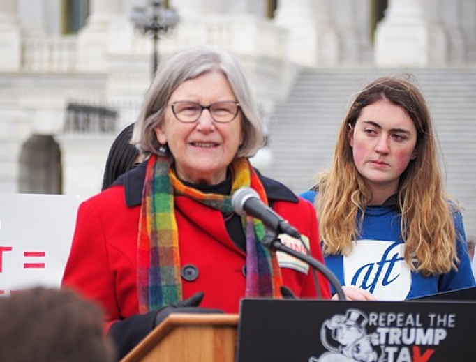 Sr. Simone Campbell speaking at a rally in 2018. Sr. Simone Campbell speaking at a rally in 2018.
