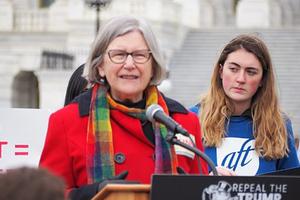 Sr. Simone Campbell speaking at a rally in 2018. Sr. Simone Campbell speaking at a rally in 2018.
