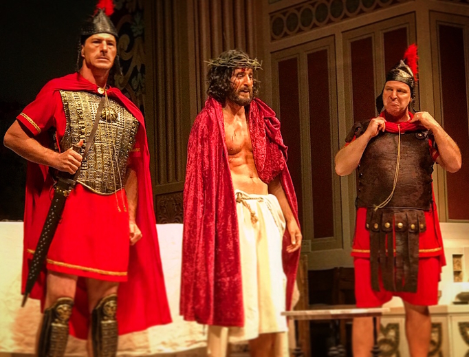 ABOVE: Jonathan Roumie as Jesus in ‘The Last Days’ Passion play. BELOW: (1) Father Erik Lundgren and Archbishop Bernard Hebda; (2) Jonathan Roumie. ABOVE: Jonathan Roumie as Jesus in ‘The Last Days’ Passion play. BELOW: (1) Father Erik Lundgren and Archbishop Bernard Hebda; (2) Jonathan Roumie.