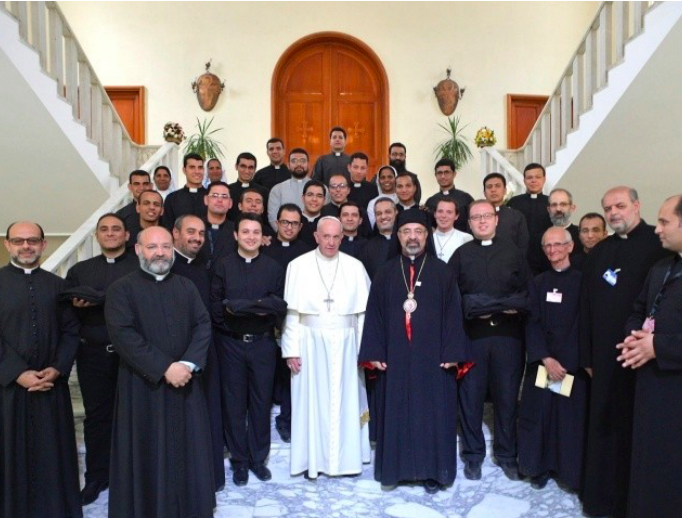 Pope Francis meets April 29 with priests and seminarians at Al-Maadi Seminary in Cairo. Pope Francis meets April 29 with priests and seminarians at Al-Maadi Seminary in Cairo.