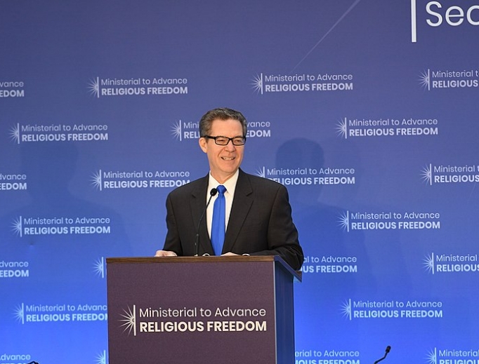 US Ambassador at large for International Religious Freedom Sam Brownback delivers remarks at the Ministerial to Advance Religious Freedom at the U.S. Department of State in Washington, D.C., July 24, 2018. US Ambassador at large for International Religious Freedom Sam Brownback delivers remarks at the Ministerial to Advance Religious Freedom at the U.S. Department of State in Washington, D.C., July 24, 2018.