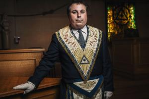 French Masonic leader Edouard Habrant poses for a portrait inside a Masonic temple in Suresnes, France, on May 27, 2019. French Masonic leader Edouard Habrant poses for a portrait inside a Masonic temple in Suresnes, France, on May 27, 2019.