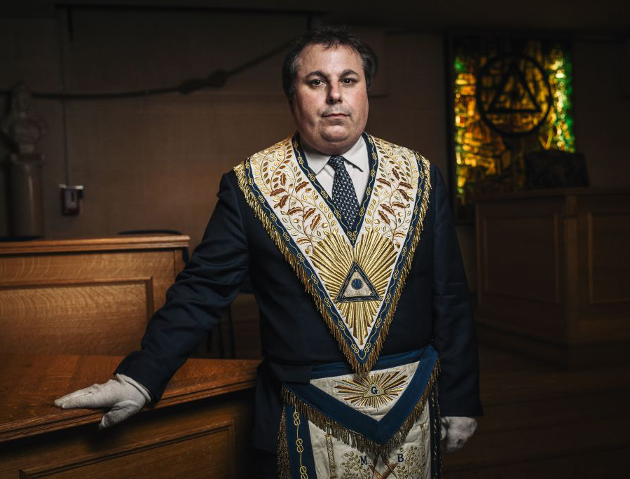 French Masonic leader Edouard Habrant poses for a portrait inside a Masonic temple in Suresnes, France, on May 27, 2019. French Masonic leader Edouard Habrant poses for a portrait inside a Masonic temple in Suresnes, France, on May 27, 2019.