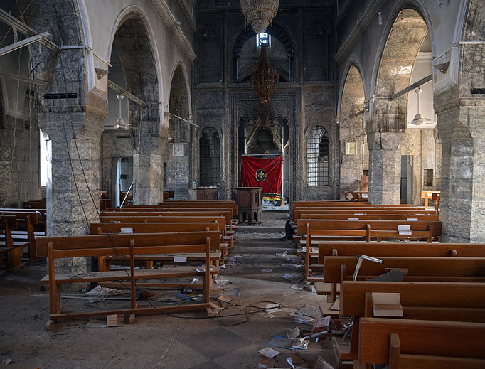 A church that was partially destroyed by Islamic State is pictured during the offensive to recapture the city of Mosul from Islamic State militants on Oct. 23 in Bartella, Iraq. A church that was partially destroyed by Islamic State is pictured during the offensive to recapture the city of Mosul from Islamic State militants on Oct. 23 in Bartella, Iraq.