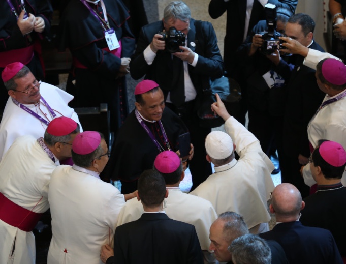 Pope Francis meets with Central American bishops at the Church of San Francisco de Asis in Panama City on Jan. 24. Pope Francis meets with Central American bishops at the Church of San Francisco de Asis in Panama City on Jan. 24.