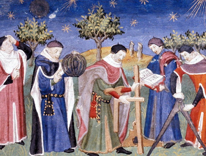 Medieval landscape scene with clerics studying astronomy and geometry, showing an armillary sphere, square and compasses Medieval landscape scene with clerics studying astronomy and geometry, showing an armillary sphere, square and compasses