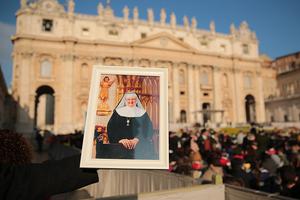An image of Mother Mary Angelica of the Annunciation, who died on March 27, 2016, at the general audience in St. Peter's Square on March 30, 2016. An image of Mother Mary Angelica of the Annunciation, who died on March 27, 2016, at the general audience in St. Peter's Square on March 30, 2016.