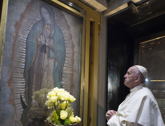 Pope Francis venerates an image of Our Lady of Guadalupe after the celebration of Mass at the Basilica of Our Lady of Guadalupe on Feb. 13, 2016. Pope Francis venerates an image of Our Lady of Guadalupe after the celebration of Mass at the Basilica of Our Lady of Guadalupe on Feb. 13, 2016.