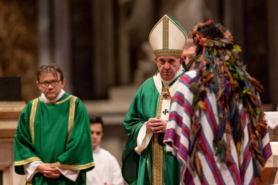 Pope Francis celebrates the closing Mass of the Pan-Amazon Synod of Bishops, St. Peter's basilica, Oct. 27, 2019. Pope Francis celebrates the closing Mass of the Pan-Amazon Synod of Bishops, St. Peter's basilica, Oct. 27, 2019.