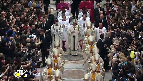 Pope Francis and cardinals process out of St. Peter's basilica at the end of the Easter Vigil. Pope Francis and cardinals process out of St. Peter's basilica at the end of the Easter Vigil.