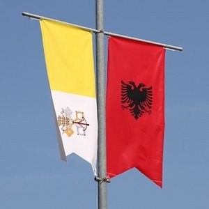 Albanian and papal flags ahead of papal visit in September 2014. Albanian and papal flags ahead of papal visit in September 2014.