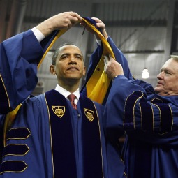 THAT WAS THEN. In 2009, the University of Notre Dame presented President Obama an honorary law degree. Now, the university has joined scores of other institutions suing the Obama Administration over religious liberty. THAT WAS THEN. In 2009, the University of Notre Dame presented President Obama an honorary law degree. Now, the university has joined scores of other institutions suing the Obama Administration over religious liberty.