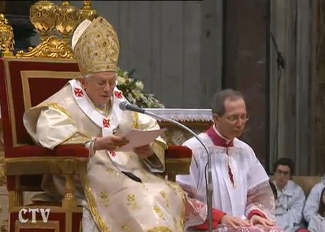 Pope Benedict XVI delivering the 2011 World Day of Peace Message in St. Peter's Basilica, on the Solemnity of Mary Mother of God, 1 Jan. 2011. Pope Benedict XVI delivering the 2011 World Day of Peace Message in St. Peter's Basilica, on the Solemnity of Mary Mother of God, 1 Jan. 2011.