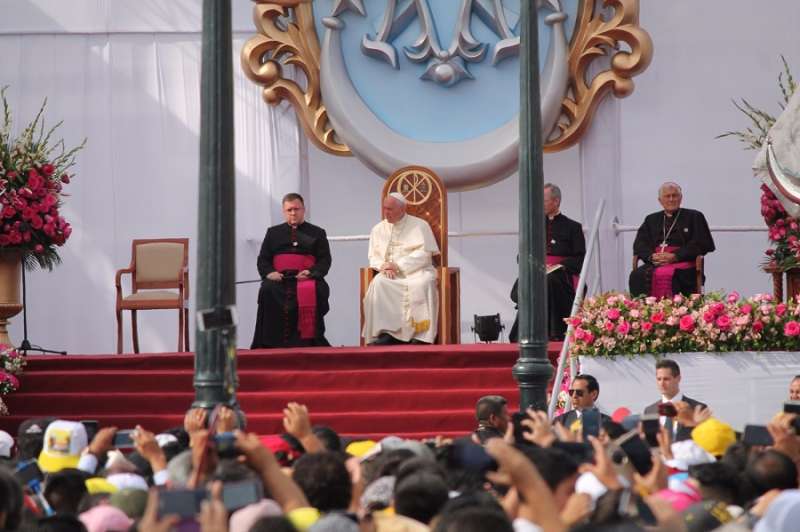 Pope Francis leads prayer at a Marian celebration in Trujillo, Peru, Jan. 20. Pope Francis leads prayer at a Marian celebration in Trujillo, Peru, Jan. 20.